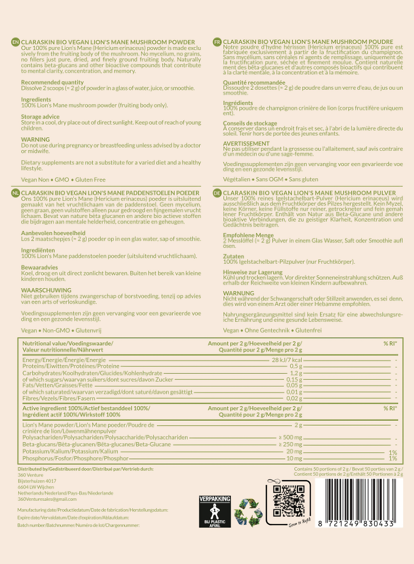 CLARASKIN® Lion's Mane Poeder Biologisch | 100 gram | Pruikzwam | Focus | 100% Vruchtlichaam | Maatschepje inbegrepen |