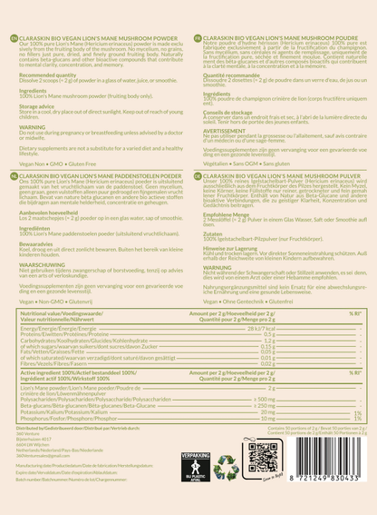 CLARASKIN® Lion's Mane Poeder Biologisch | 100 gram | Pruikzwam | Focus | 100% Vruchtlichaam | Maatschepje inbegrepen |