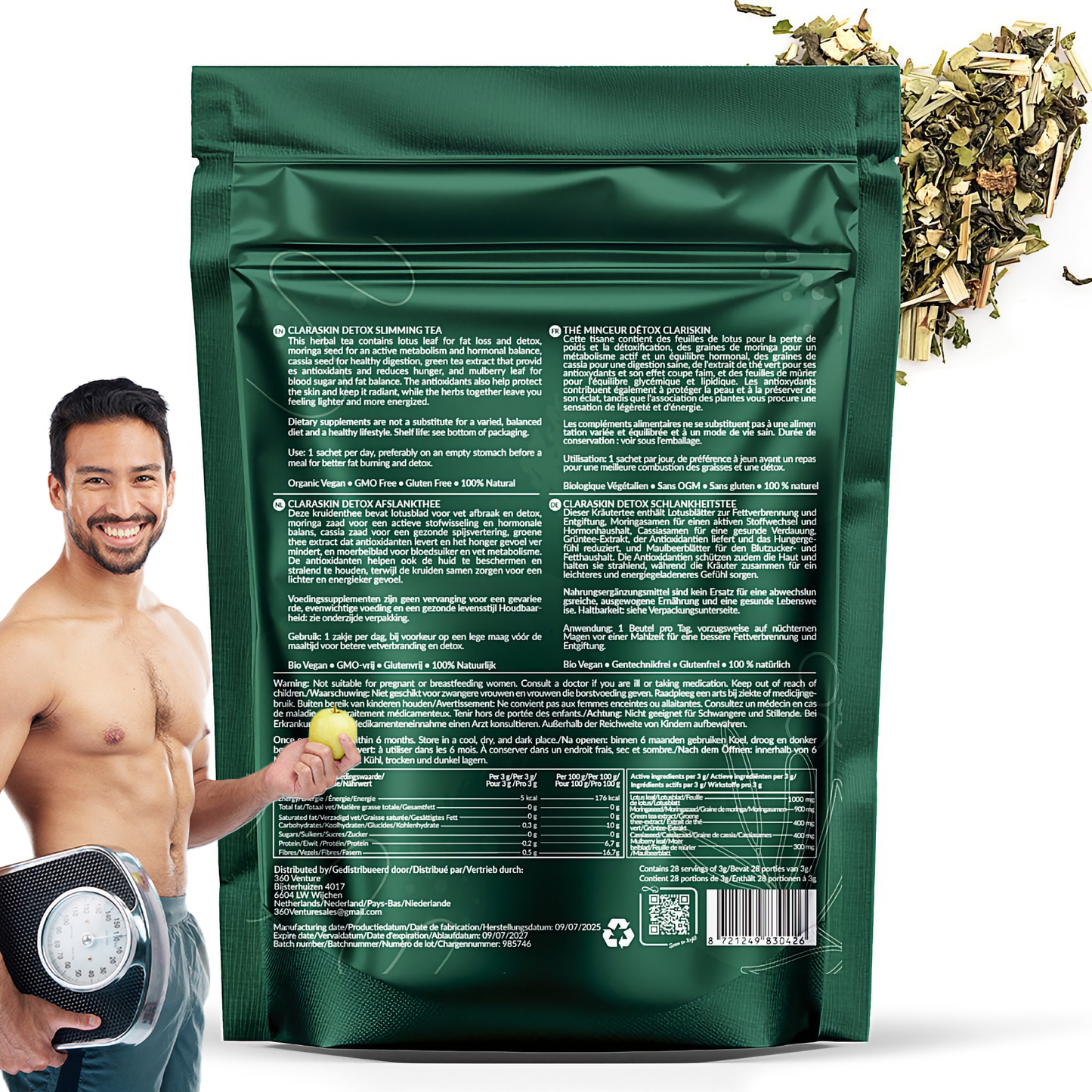 CLARASKIN® | BIO | Tea Tox & Slimming tea, afval thee | 28 Theezakjes x 3g netto | Lotusblad 1000mg, Moringazaad 900mg, Groene thee extract 400mg, Cassiazaad 400mg, Moerbeiblad 300mg | per 3g zakje |