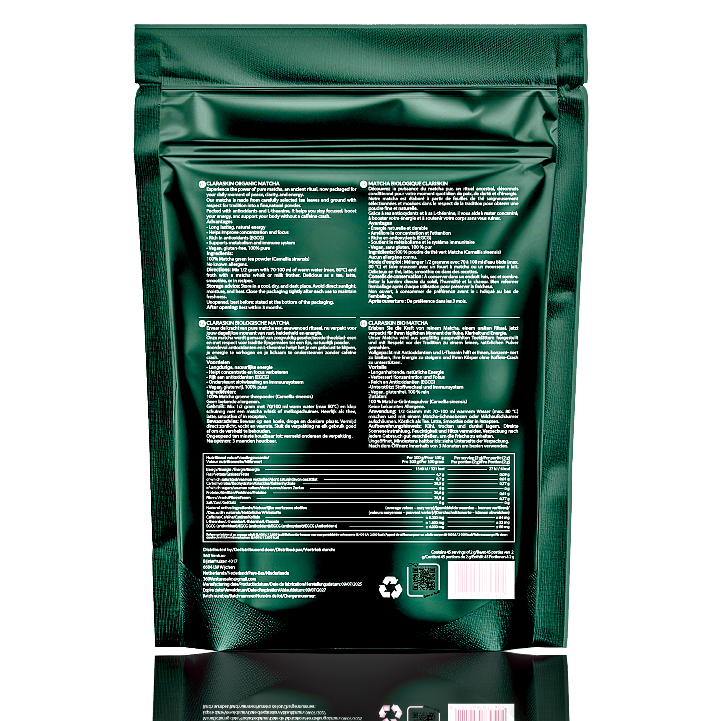 CLARASKIN® | Ceremonial Premium Grade | Biologisch gecertificeerd | Matcha uit Japan | 90 gram | Groene thee | + Chashaku lepel meegeleverd |