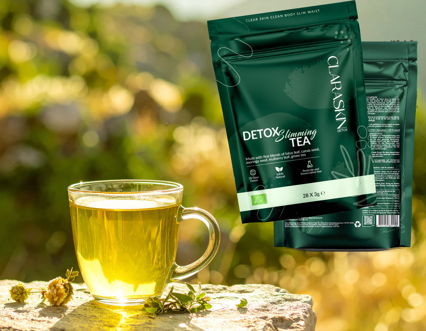 CLARASKIN® | BIO | Tea Tox & Slimming tea, afval thee | 28 Theezakjes x 3g netto | Lotusblad 1000mg, Moringazaad 900mg, Groene thee extract 400mg, Cassiazaad 400mg, Moerbeiblad 300mg | per 3g zakje |