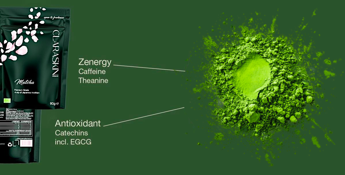 CLARASKIN® | Ceremonial Premium Grade | Biologisch gecertificeerd | Matcha uit Japan | 90 gram | Groene thee | + Chashaku lepel meegeleverd |