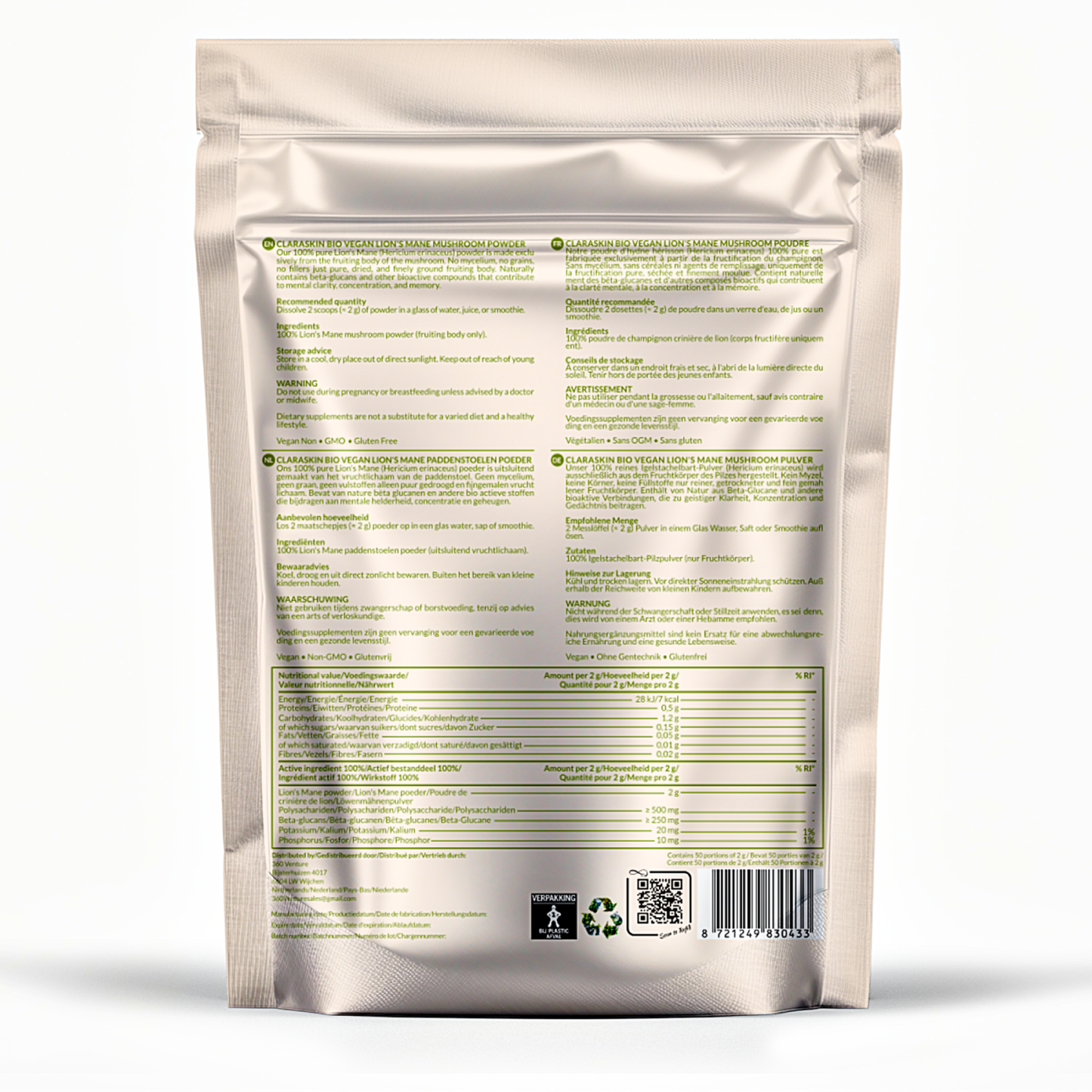 CLARASKIN® Lion's Mane Poeder Biologisch | 100 gram | Pruikzwam | Focus | 100% Vruchtlichaam | Maatschepje inbegrepen |